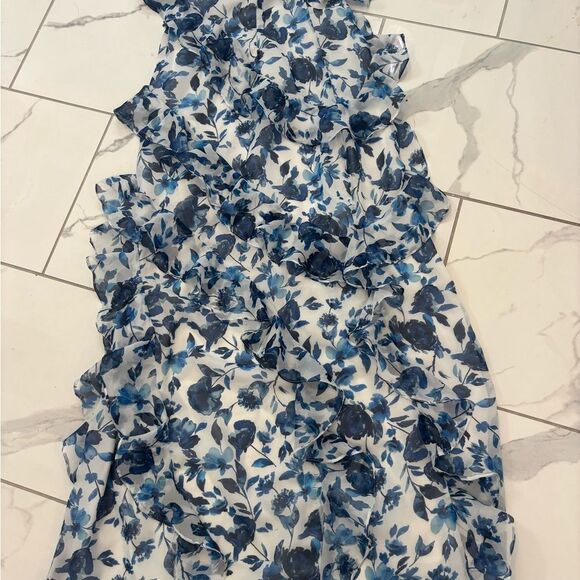 BHLDN Anthropologie Jia Bias-Cut Ruffled Blue Floral Strapless Dress SZ XS EUC - Picture 6 of 9